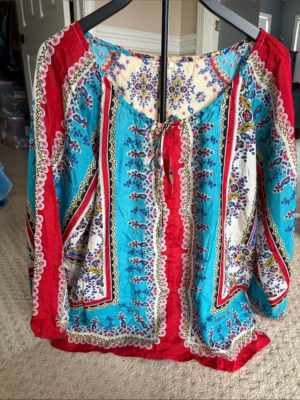 Johnny Was Turquoise & Red Boho Peasant Blouse